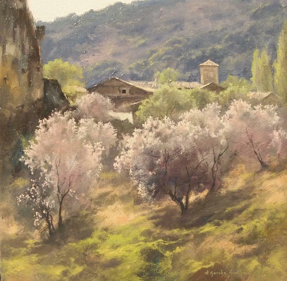 Almendros en palomera - Óleo madera preparada - 18x18